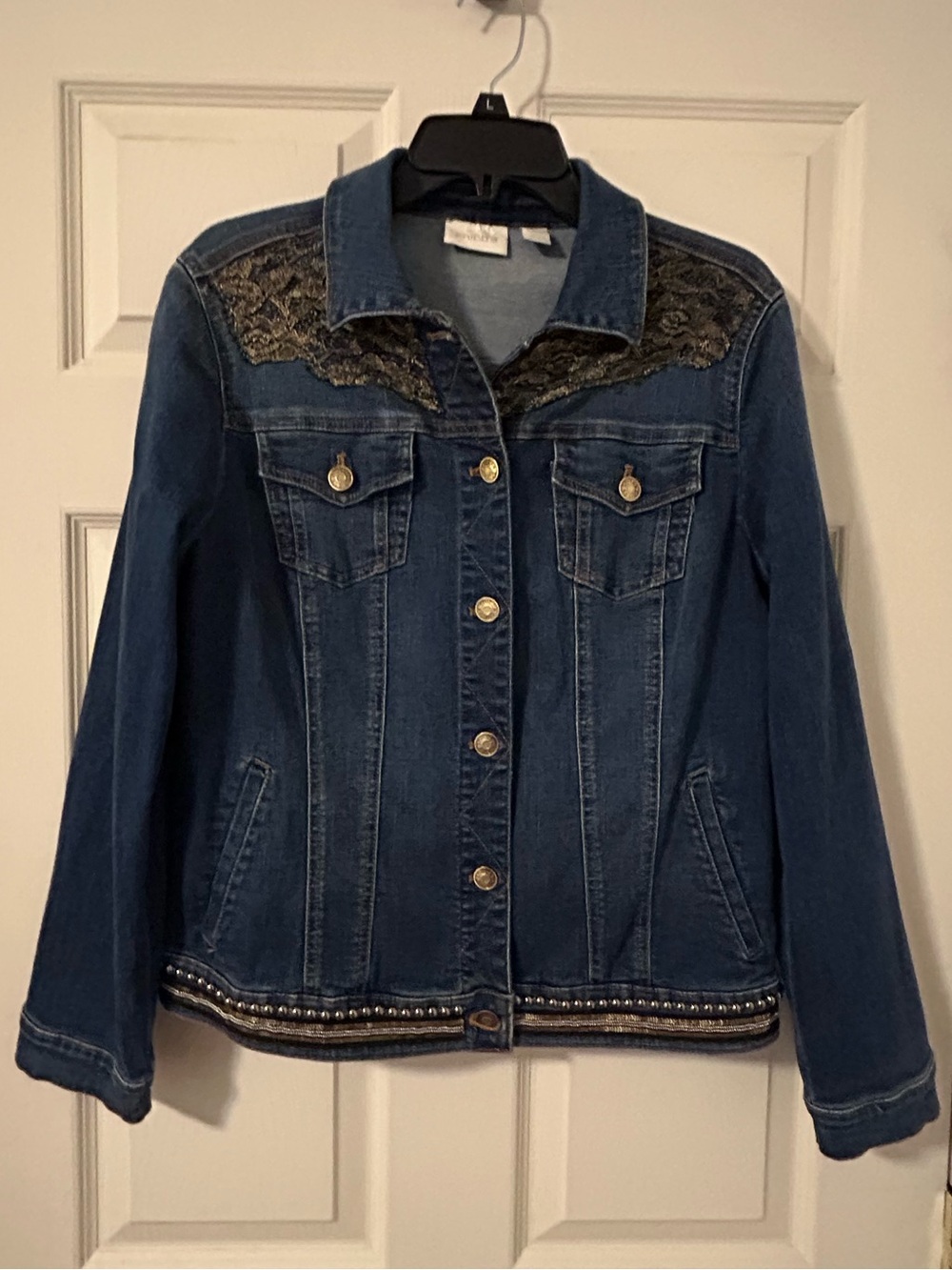 Chico's Women’s Dark Blue Denim Jacket with Lace Yoke and Beaded Size 1